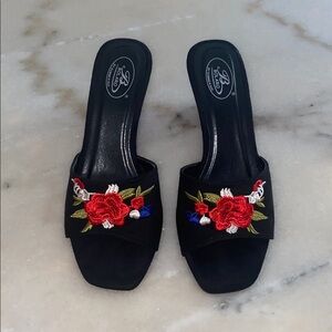 Black Embroidered Floral Slide Sandals